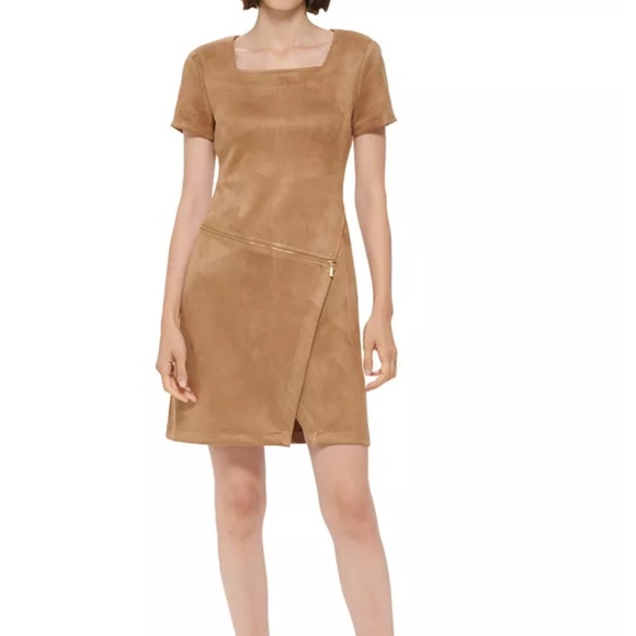 Camel Faux Suede Mini Dress – Square Neck Zip Detail Short Sleeve Calvin Klein - Picture 2 of 5